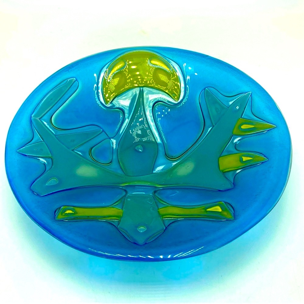 Hand Blown Art Glass Blue and Yellow Glass Decorative Plate Mushrooms